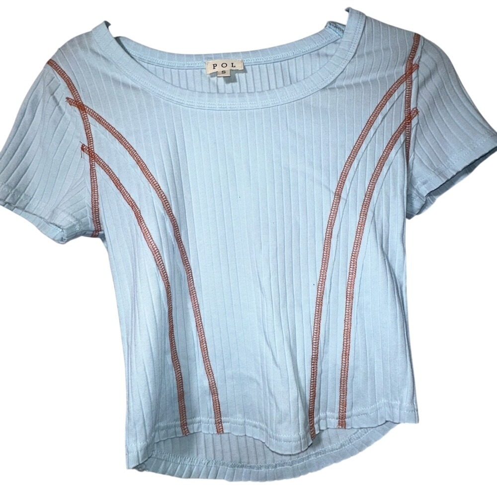 NWOT Blue Brown Baby Tee Stretch Piping POL Tee small Fitted